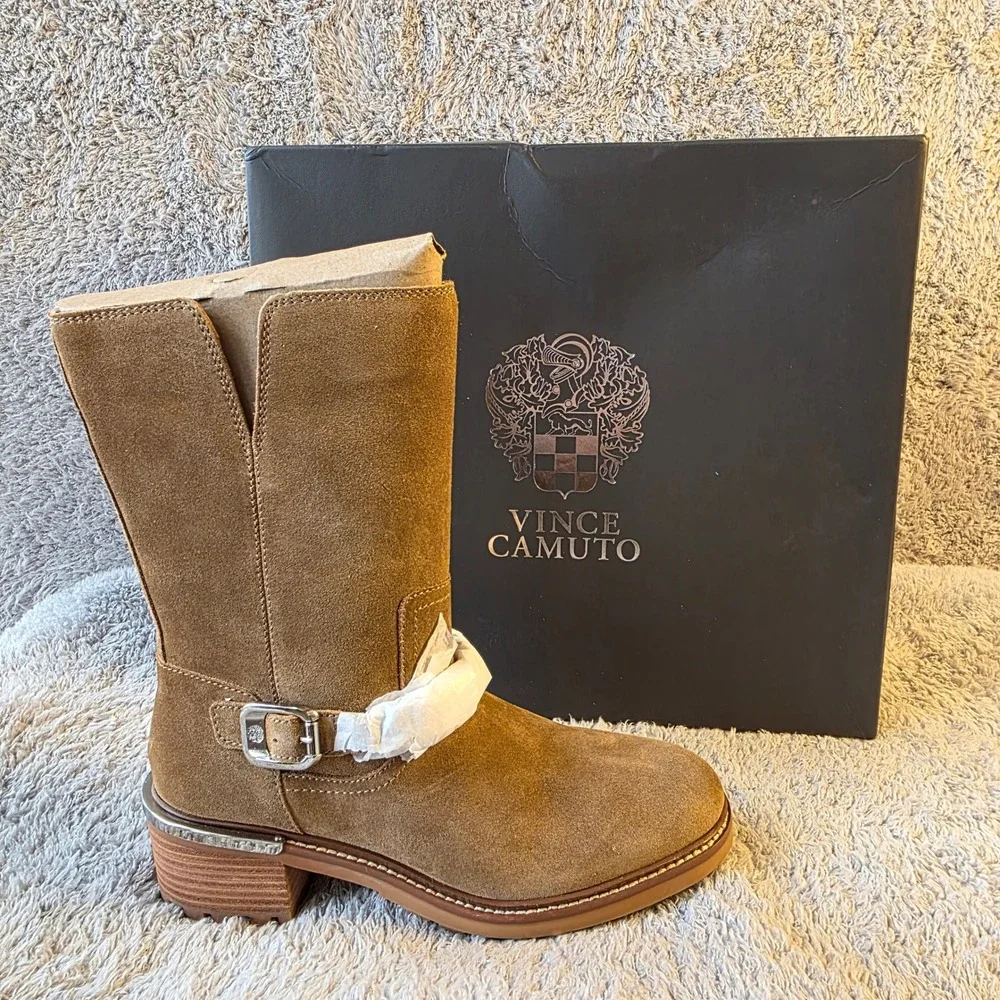 Vince Camuto Women's Suede Chain Link Zipper Ankle Moto Boots Shoes 7.5M NIB‎